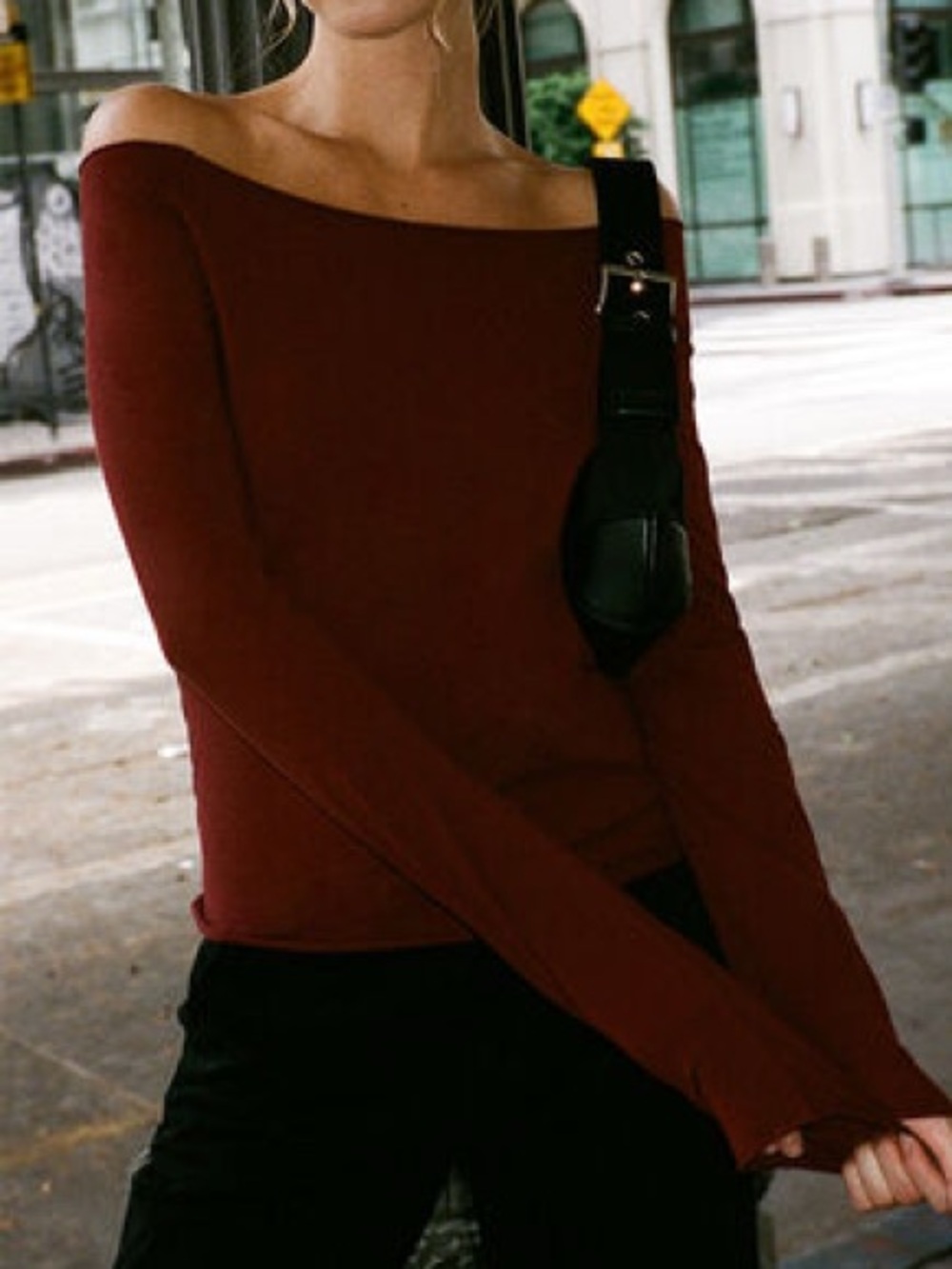 Brandy Melville Burgundy Off-The-Shoulder Ribbed Long Sleeve Top